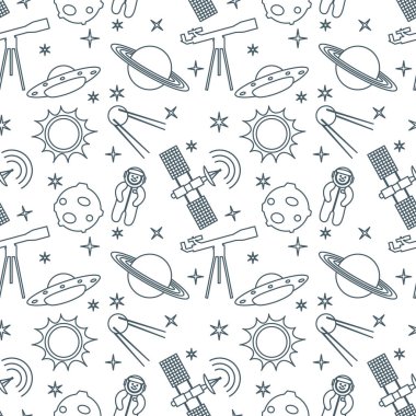 Teleskop ile Seamless modeli Ufo, uydu, gezegenler, astronot, yörünge İstasyonu, Güneş, yıldız. Uzay araştırmaları. Astronomi. Bilim.