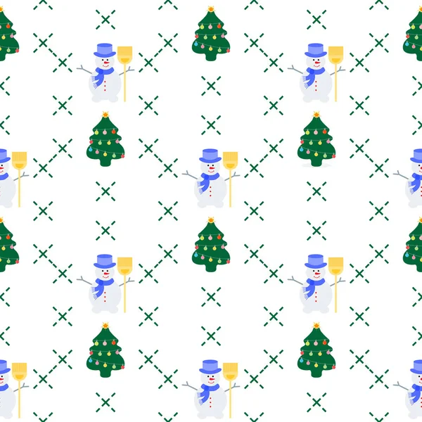 2019와 크리스마스 일러스트 패턴으로 크리스마스 트리와 눈사람 빗자루와 모자에 — 스톡 벡터