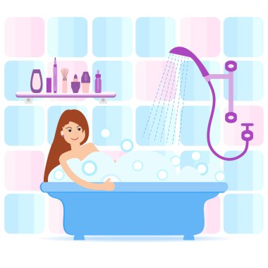 Vektör karikatür tarzı çizim kadın sabun köpüğü ile tam banyo. Rahatlatıcı kız banyoda. Banyo iç.