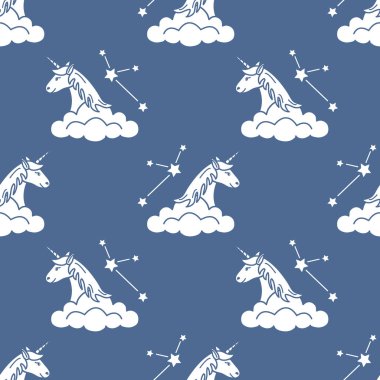 Sihirli unicorn ve takımyıldızları, bulutlar ile Seamless modeli. Tasarım çocuk grafik, t-shirt, kapak, hediye kartı için.