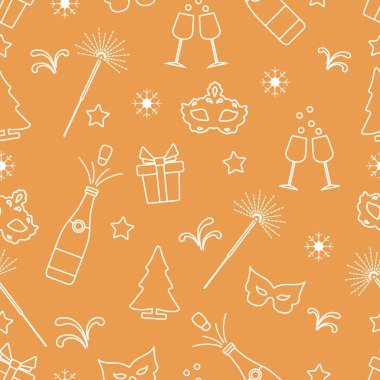 Yeni yıl sembolleri ile Seamless modeli. Hediyeler, havai fişek, şişe ve bardak şampanya, yılbaşı ağacı, maske, yıldız, kar taneleri ile.