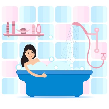Vektör karikatür tarzı çizim kadın sabun köpüğü ile tam banyo. Rahatlatıcı kız banyoda. Banyo iç.