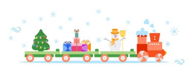 Komik vektör çizim Noel Tren taşır Noel ağacı ile süpürge, hediyeler ile kardan adam. Mutlu yeni yıl 2019, Noel kartı.