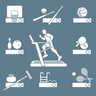 Fitness ve spor zamanı. Sağlıklı bir yaşam tarzı. Adam çalıştıran ile koşu parkuru. Oyunlar ve takım sporları oynamak için donatım.