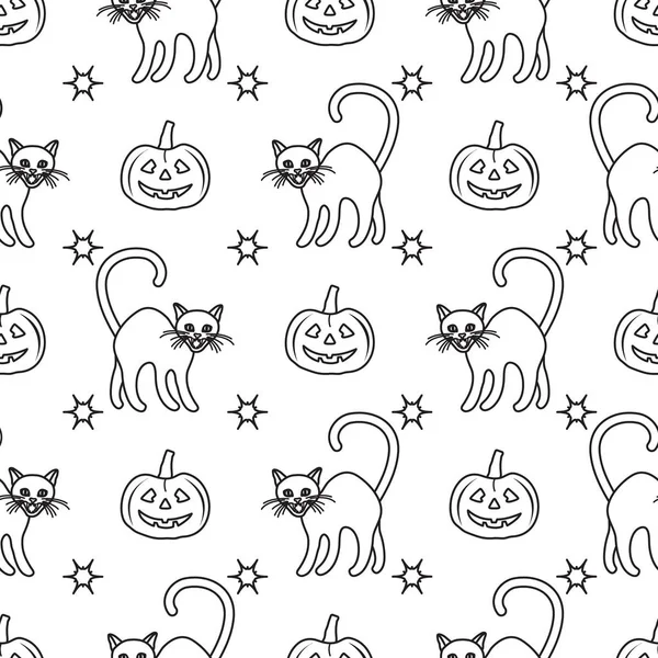 Halloween 2019 Vetor Padrão Sem Costura Com Abóboras Gatos Bruxa — Vetor de Stock