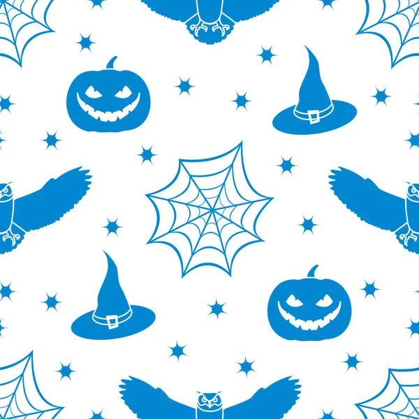 Halloween 2019 Vektor Varrat Nélküli Mintát Pókháló Fülesbagoly Tök Kalap — Stock Vector