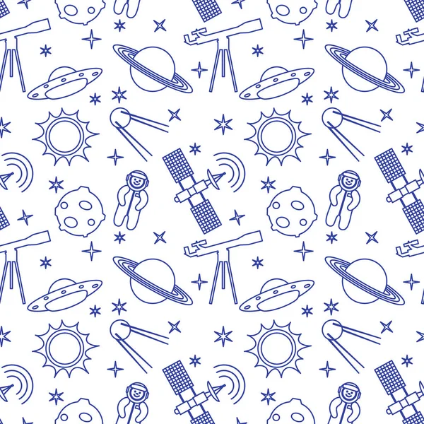 Seamless pattern with telescope, UFO, satellite, planets, astronaut, orbital station, sun, stars. Space exploration. Astronomy. Science.
