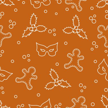 Zencefilli kurabiye adam, ökse otu, maske ile Seamless modeli. Noel ve yeni yıl 2019 arka plan. Ambalaj Kağıt, kumaş ve diğer yazdırma için tasarım.