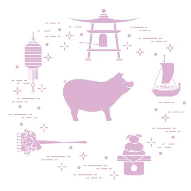 Mutlu yeni yıl 2019 kartı. Japonya'da yeni yıl sembolleri. Yaban domuzu, fener, çan, mochi, portakal, hazine gemi. Farklı ülkelerin şenlikli gelenekleri.