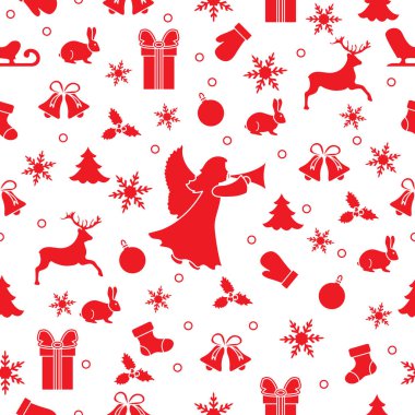 Mutlu yeni yıl 2019 ve Noel seamless modeli. Melek, eldivenler, tavşan, kızak, Hediyelik, kar taneleri, geyik, çan, Noel çorap, top, ökseotu, Noel ağacı ile kış illüstrasyon.