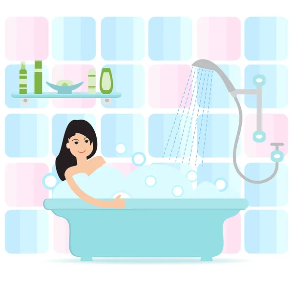 ベクトル漫画石鹸泡のお風呂の女性のイラスト 浴室でリラックスした少女 バスルームのインテリア — ストックベクタ