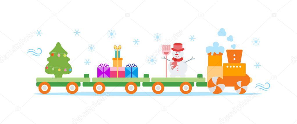 Funny vector illustration with Christmas train carries Christmas tree, snowman with broom, gifts. Happy New Year 2019, Christmas card.
