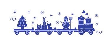 Komik vektör çizim Noel Tren taşır Noel ağacı ile süpürge, hediyeler ile kardan adam. Mutlu yeni yıl 2019, Noel kartı.