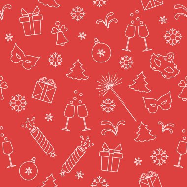 Yeni yıl sembolleri ile Seamless modeli. Hediyeler, havai fişek, havai fişek, boncuk, şampanya, çan, yılbaşı ağacı, maske, takvim, yıldız, kar taneleri ile gözlük.