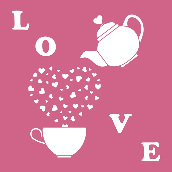 Ilustración Vectorial Con Tetera Taza Corazones Feliz Día San Valentín — Vector de stock