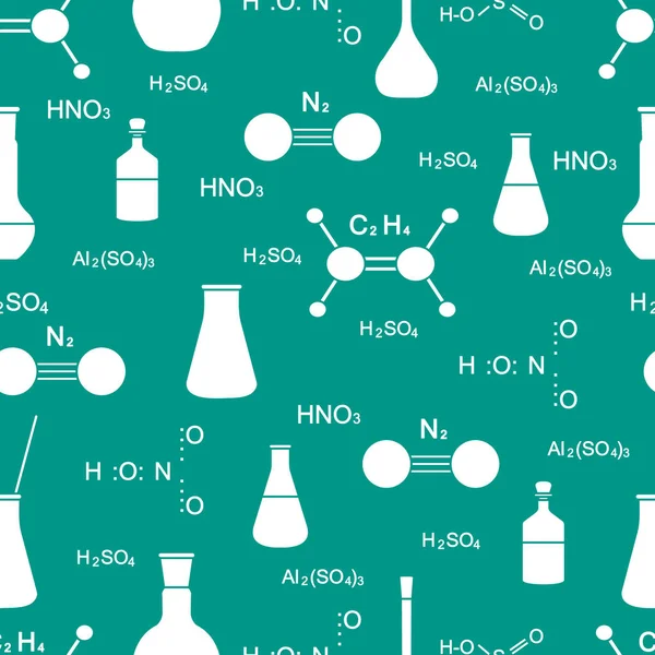 stock vector Scientific vector seamless pattern with flasks, beakers, molecule structure and formulas. Education elements. Chemistry, biology, medicine.