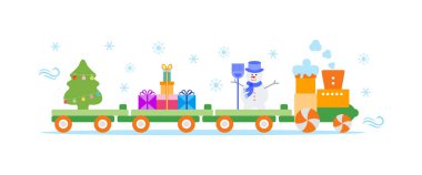 Komik vektör çizim Noel Tren taşır Noel ağacı ile süpürge, hediyeler ile kardan adam. Mutlu yeni yıl 2019, Noel kartı.