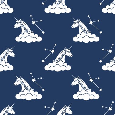 Sihirli unicorn ve takımyıldızları, bulutlar ile Seamless modeli. Tasarım çocuk grafik, t-shirt, kapak, hediye kartı için.