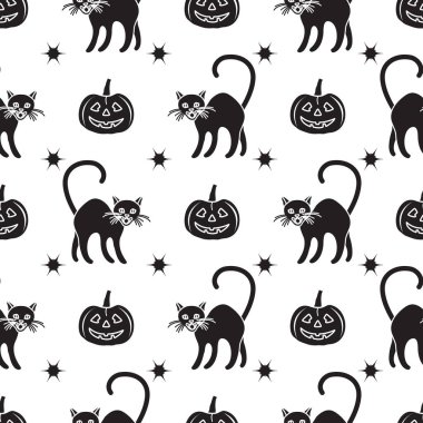 Cadılar Bayramı 2019 vektör balkabağı ve cadı cats ile seamless modeli. Parti kartı, sarma, kumaş, yazdırma için tasarım.