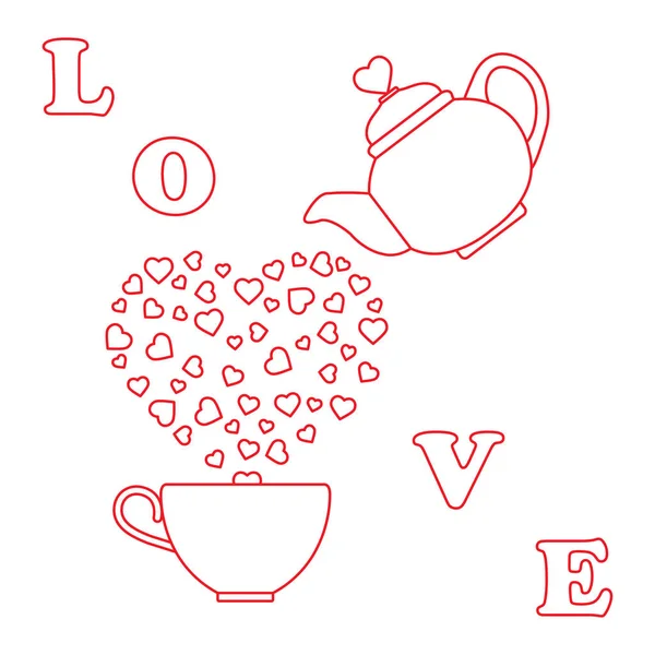 Illustration Vectorielle Avec Bouilloire Tasse Thé Coeurs Joyeuse Saint Valentin — Image vectorielle