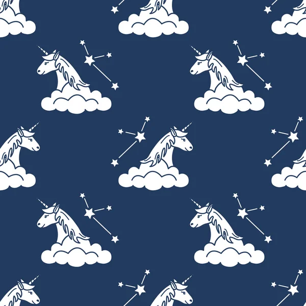 Sihirli unicorn ve takımyıldızları, bulutlar ile Seamless modeli. Tasarım çocuk grafik, t-shirt, kapak, hediye kartı için.