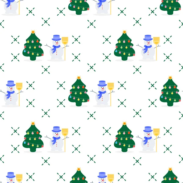 幸せな新しい年 2019年およびクリスマスはベクトル イラストです 飾られたクリスマス ツリーと雪だるまほうきと帽子のシームレス パターン — ストックベクタ