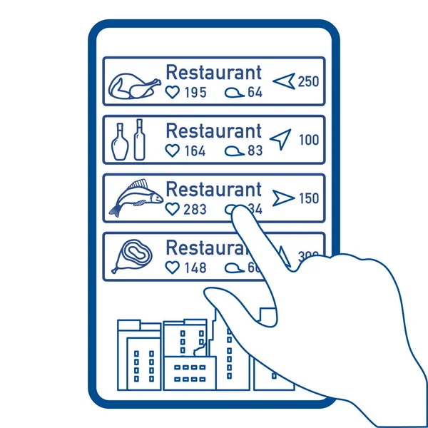 拡張現実感のアプリケーション 市内やショッピング センターにナビゲーションの コメントや電話で好きな場所でレストランを選ぶ — ストックベクタ
