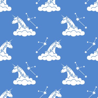 Desen sihirli unicorn, yıldız, bulutlar ile.