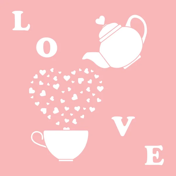 Tarjeta de felicitación Día de San Valentín. Tetera, taza, corazones — Archivo Imágenes Vectoriales