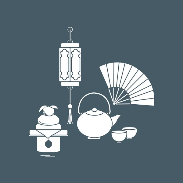 Китайських ліхтарів, електричний чайник, склянки, вентилятор, Кагамі-моті. — стоковий вектор