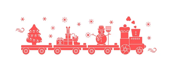 Trem carrega árvore de Natal, boneco de neve, presentes . — Vetor de Stock