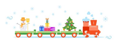 Komik vektör çizim Noel Tren taşır Noel ağacı ile süpürge, hediyeler ile kardan adam. Mutlu yeni yıl 2019, Noel kartı.