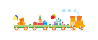 Funny vector illustration with train carries toys: constructor, blocs, bear, gifts, balloons. Happy New Year 2019, Christmas, Birthday. Sale, shopping concept. clipart