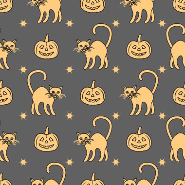 Cadılar Bayramı 2019 vektör balkabağı ve cadı cats ile seamless modeli. Parti kartı, sarma, kumaş, yazdırma için tasarım.