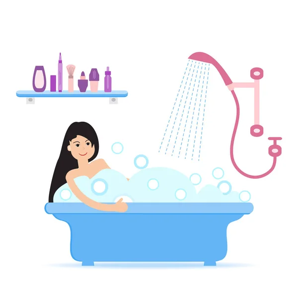 Ilustração Estilo Desenho Animado Vetorial Mulher Tomando Banho Cheio Espuma — Vetor de Stock