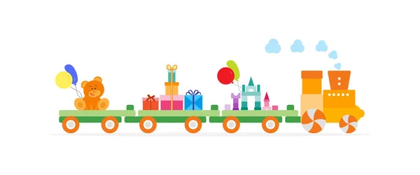 Komik vektör çizim tren ile taşır oyuncaklar: Oluşturucu, blok, ayı, hediyeler, balonlar. Mutlu yeni yıl 2019, Noel, Doğum günü. Satış, alışveriş kavramı.