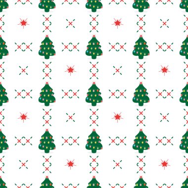 Mutlu yeni yıl 2019 ve Christmas illüstrasyon vektör. Süslü Noel ağacı ile Seamless modeli.