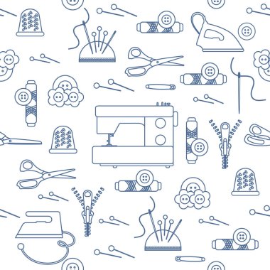 Fermuar, iğneler, yüksük, iğne, konu, düğmeler, makas, dikiş makinesi, demir ile Seamless modeli. Dikiş ve iğne işi arka plan. Şablon tasarım, kumaş, yazdırma.