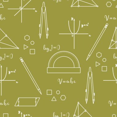 Matematiksel bilimsel vektör geometri araziler, araçları ve formülleri ile seamless modeli. Eğitim öğeleri. Pergel, iletki, kalem, grafik, kent, parabol, formüller, üçgen, paralelkenar.