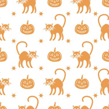 Cadılar Bayramı 2019 vektör balkabağı ve cadı cats ile seamless modeli. Parti kartı, sarma, kumaş, yazdırma için tasarım.