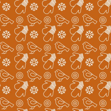 Vektör kış seamless modeli ile kar taneleri, kuşlar, mittens. Noel ve yeni yıl 2019 arka plan. Tasarım için sarma, kumaş, yazdırma.