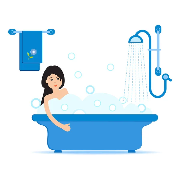 Vector Ilustración Estilo Dibujos Animados Mujer Tomando Baño Lleno Espuma — Vector de stock