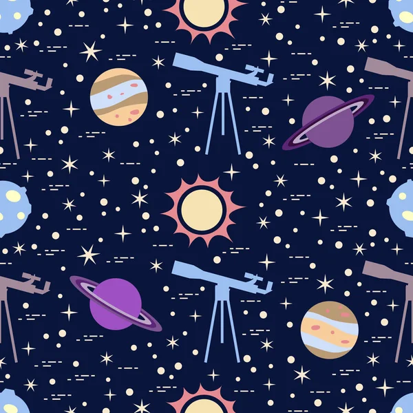 Seamless pattern with telescope, sun, planets, stars. Space exploration. Astronomy. Science
