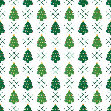 Mutlu yeni yıl 2019 ve Christmas illüstrasyon vektör. Süslü Noel ağacı ile Seamless modeli.