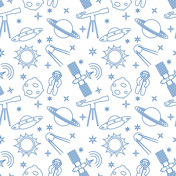 Seamless pattern with telescope, UFO, satellite, planets, astronaut, orbital station, sun, stars. Space exploration. Astronomy. Science.