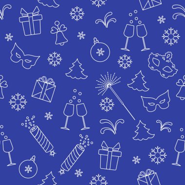 Yeni yıl sembolleri ile Seamless modeli. Hediyeler, havai fişek, havai fişek, boncuk, şampanya, çan, yılbaşı ağacı, maske, takvim, yıldız, kar taneleri ile gözlük.