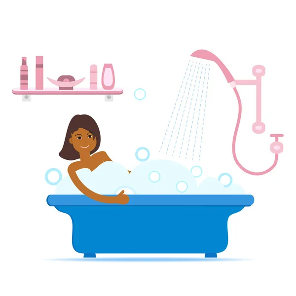 Vector Ilustración Estilo Dibujos Animados Mujer Tomando Baño Lleno Espuma — Vector de stock