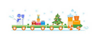 Komik vektör çizim Noel Tren taşır Noel ağacı ile süpürge, hediyeler ile kardan adam. Mutlu yeni yıl 2019, Noel kartı.