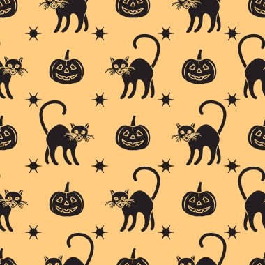 Cadılar Bayramı 2019 vektör balkabağı ve cadı cats ile seamless modeli. Parti kartı, sarma, kumaş, yazdırma için tasarım.