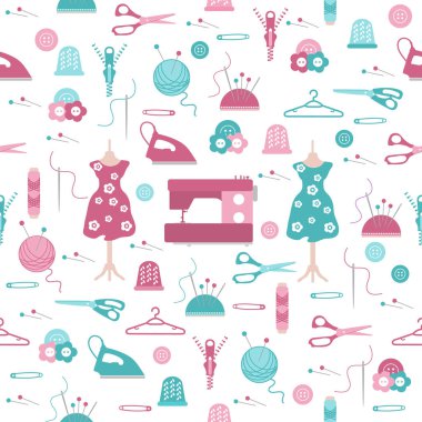 Clew, örgü iğneleri, manken, elbise, askı, fermuar, iğneler, yüksük, iğne, konu, düğmeler, makas, dikiş makinesi, demir ile Seamless modeli. Dikiş ve iğne işi arka plan.